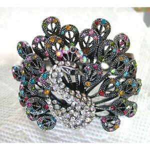 Vintage-Inspired Rhinestone Peacock Bracelet With Multicolor Gemstones & Adjusta